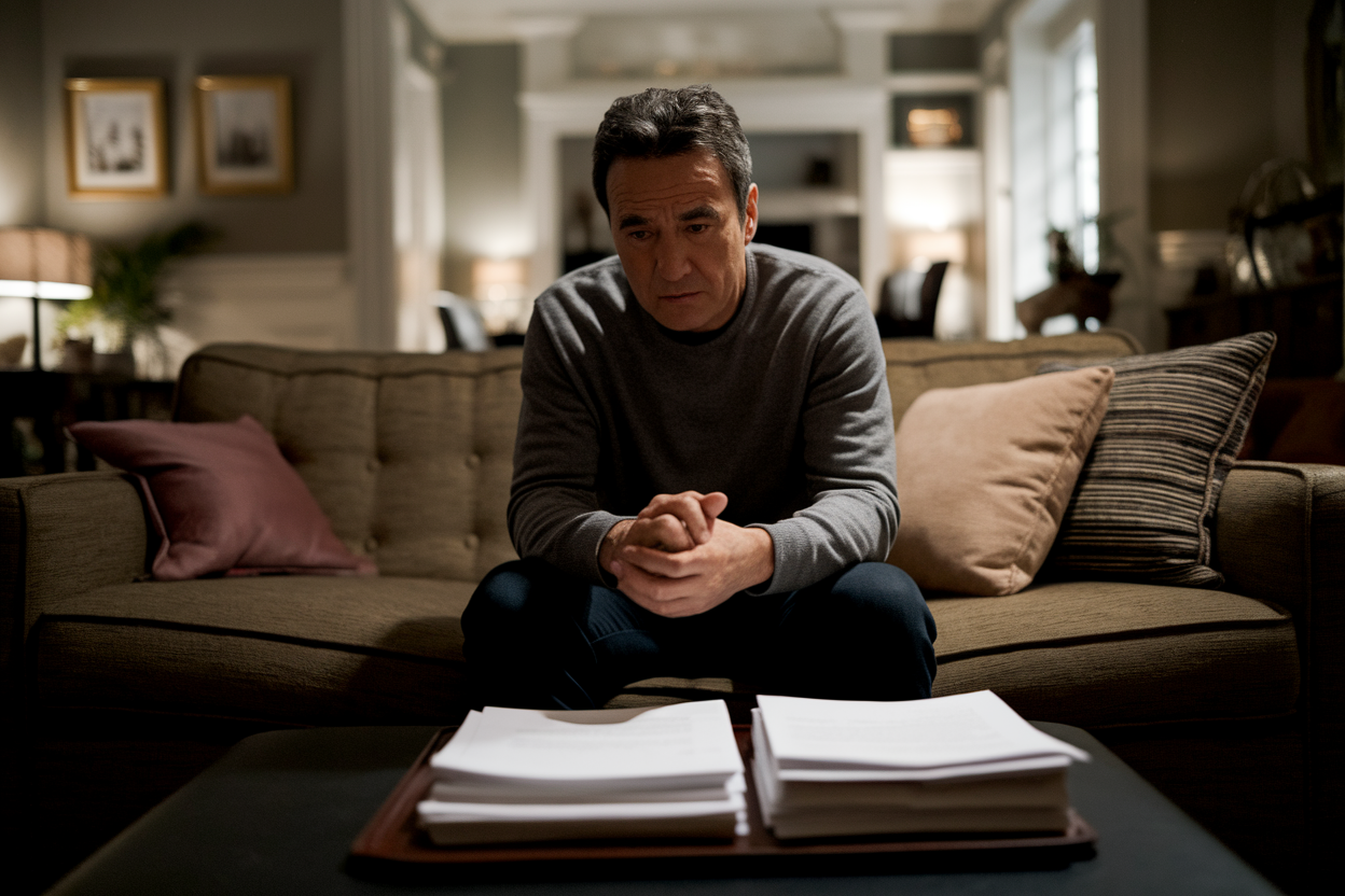 adulte-canape-documents-pensif