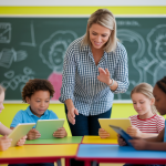 enseignant-enfants-tablettes-classe-coloree