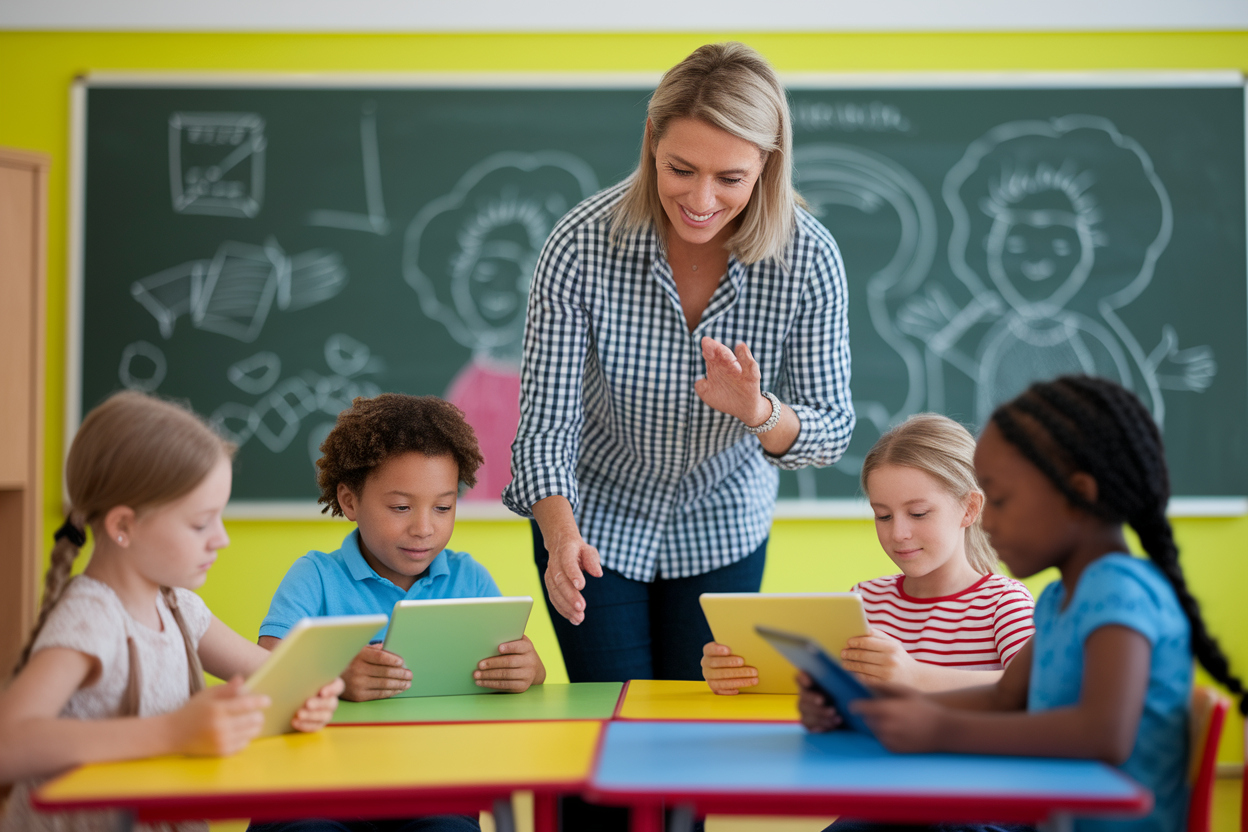 enseignant-enfants-tablettes-classe-coloree