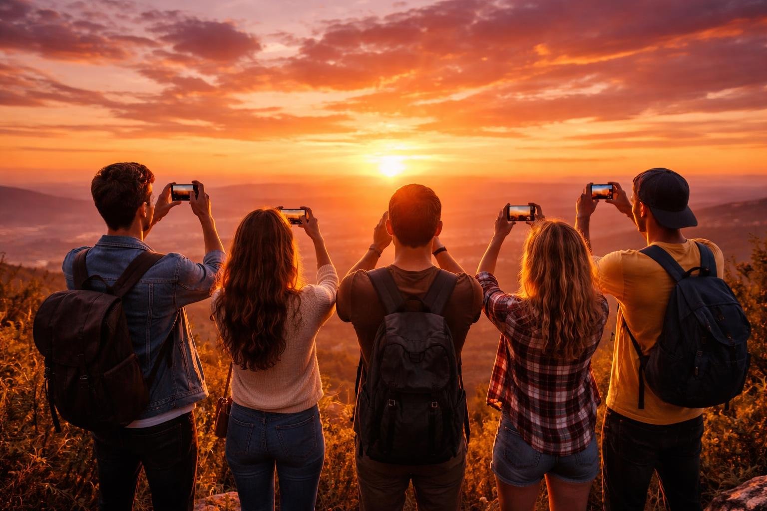 amis-colline-coucher-soleil-smartphone