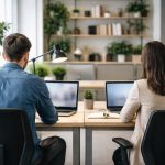 bureaux-modernes-personnes-plantes-arriereplan