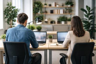 bureaux-modernes-personnes-plantes-arriereplan