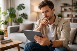 personne-tablette-salon-moderne-plantes