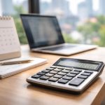 calculatrice-bureau-ordinateur-ville-floue