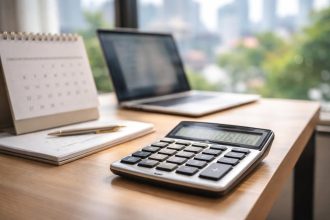 calculatrice-bureau-ordinateur-ville-floue