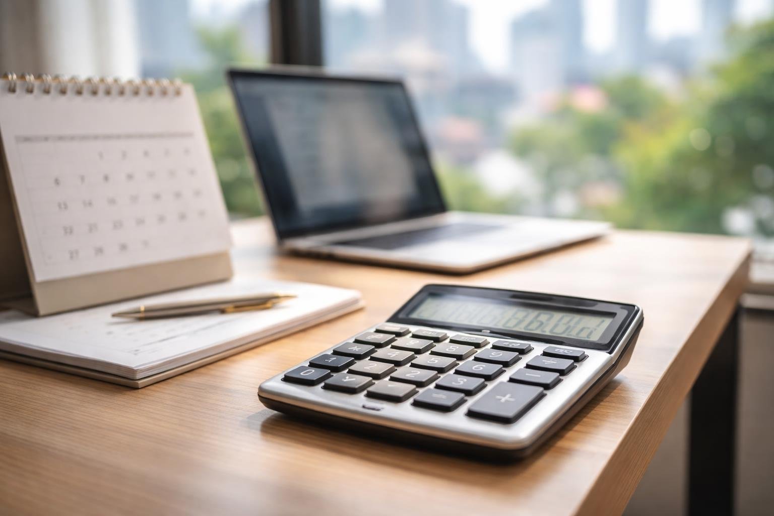 calculatrice-bureau-ordinateur-ville-floue