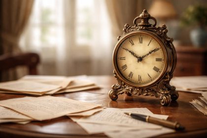 horloge-ancienne-table-bois-documents