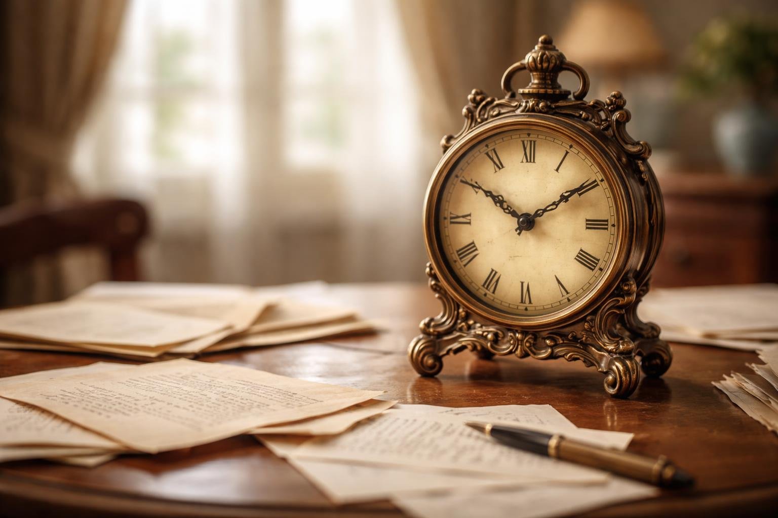 horloge-ancienne-table-bois-documents